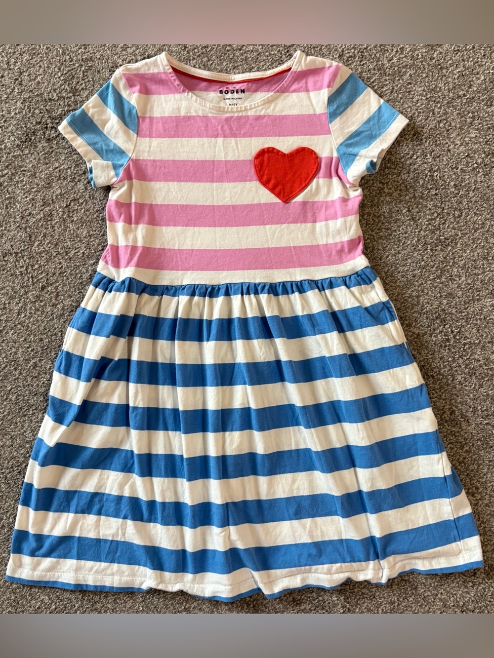 Mini Boden Pink, Blue & White Striped Dress with Red Heart